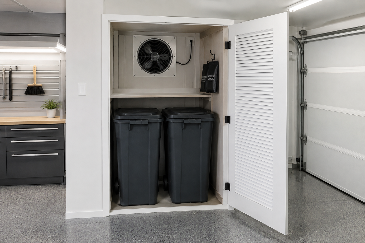 White wooden bin enclosure with wall-mounted ventilation fan and louvered vent panel for odor control