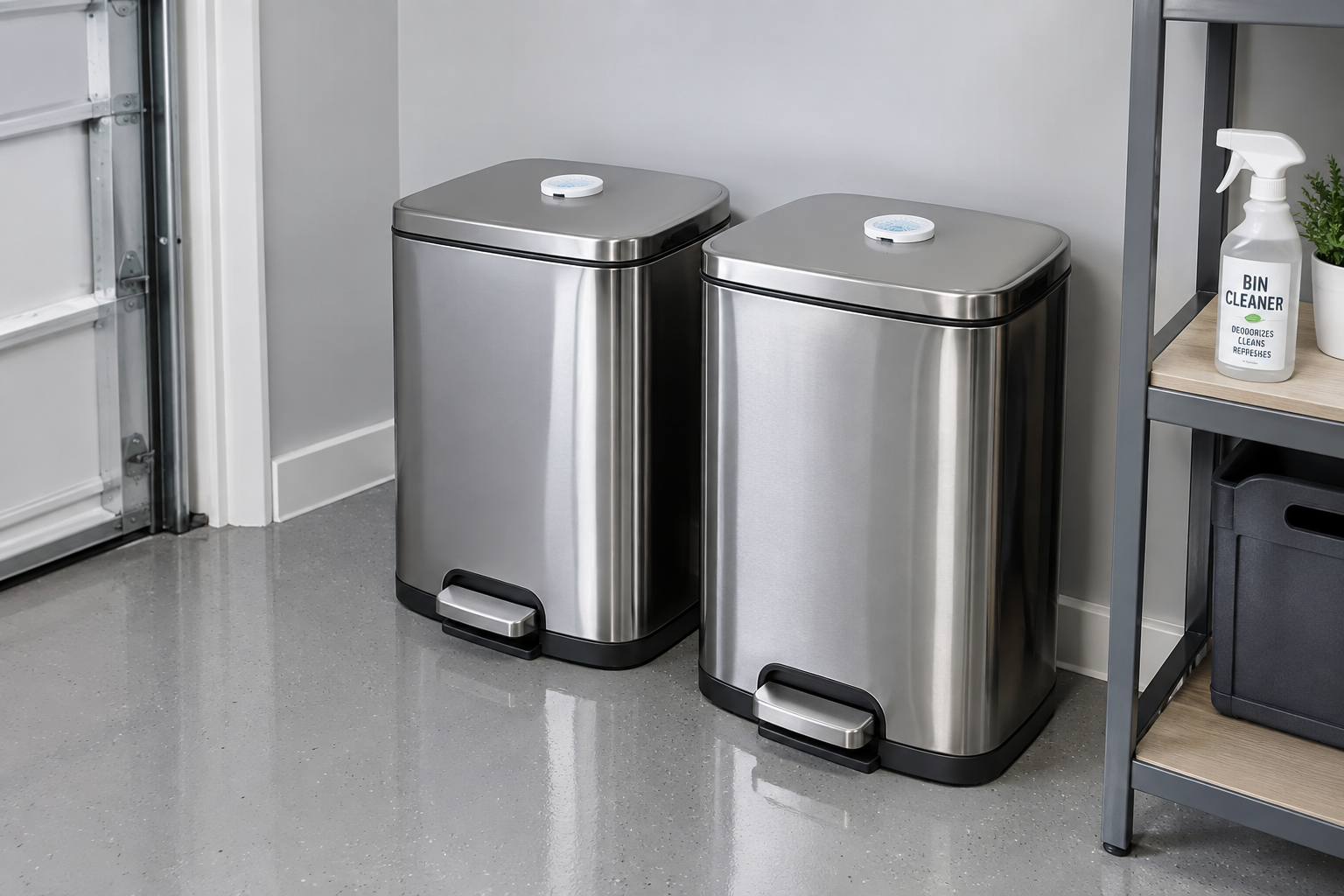 Stainless steel pedal trash bins with odor neutralizer disks inside lids on epoxy garage floor