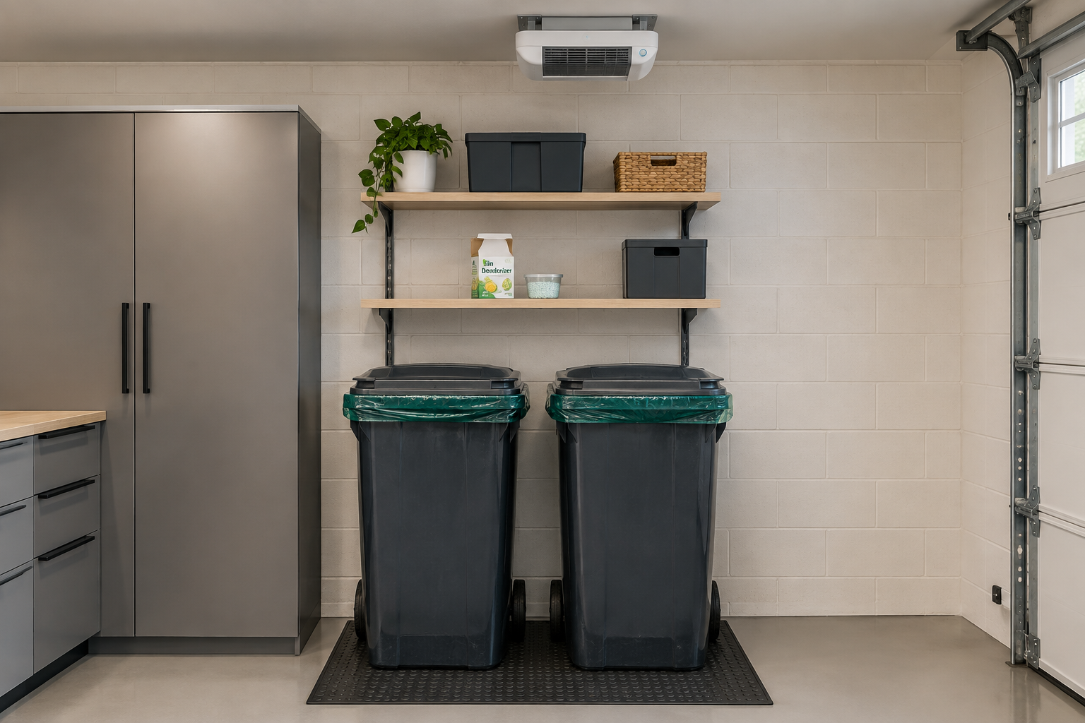 Large outdoor trash cans with fitted liners and deodorizer granules under ceiling air purifier in garage