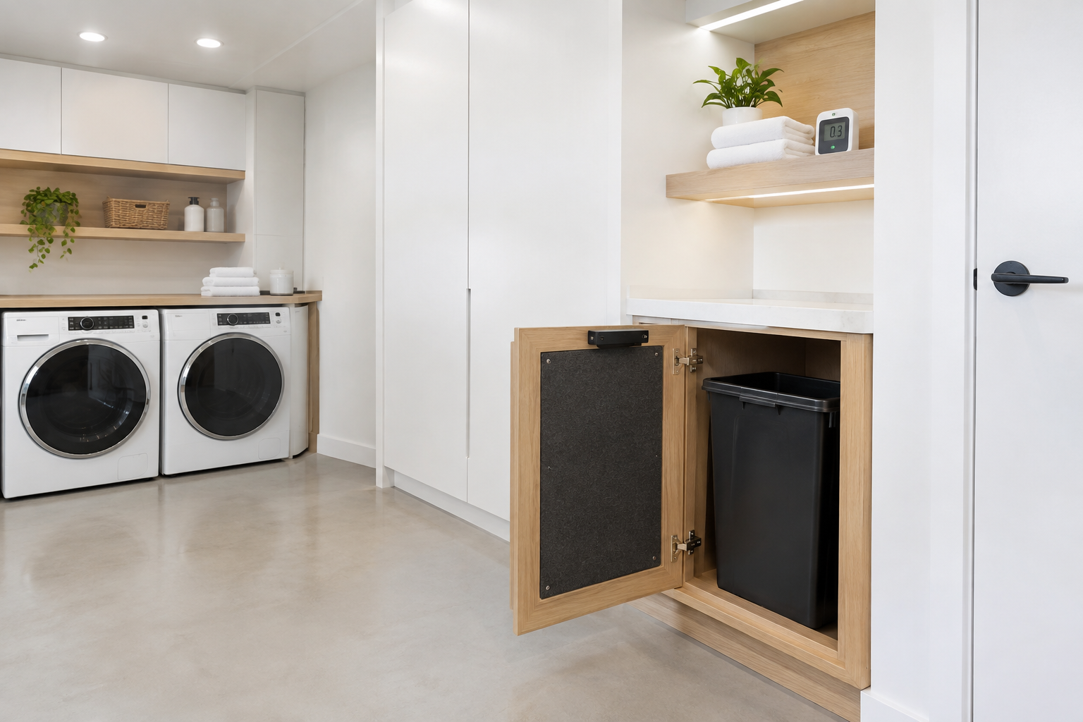 White built-in bin cabinet with charcoal filter insert on door panel and digital odor meter on shelf