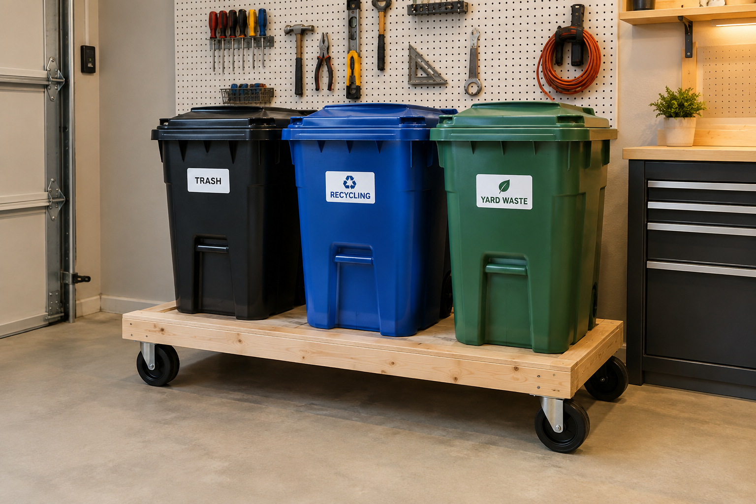 DIY pine rolling cart platform on rubber casters holding three color-coded outdoor trash cans in garage