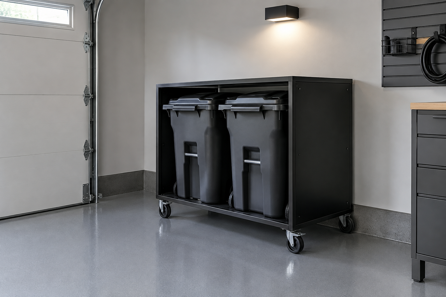 Matte black steel rolling frame cart holding two large garbage cans against an epoxy-coated garage wall