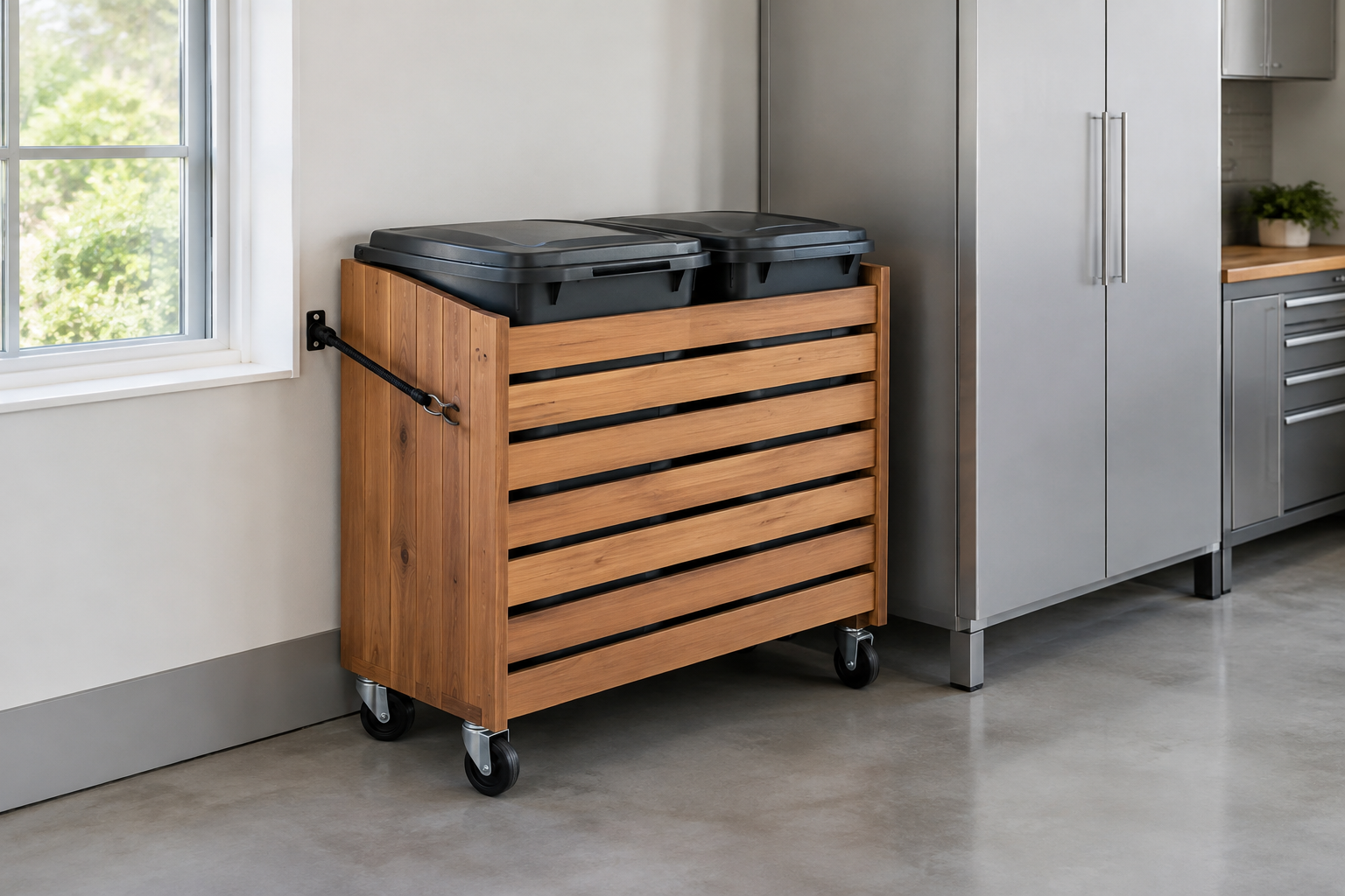 Cedar slatted rolling bin caddy with two trash cans secured against a garage corner wall