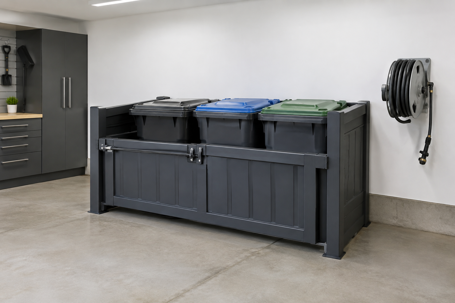 Dark gray plastic rolling bin corral with hinged locking bar securing three city garbage cans in garage