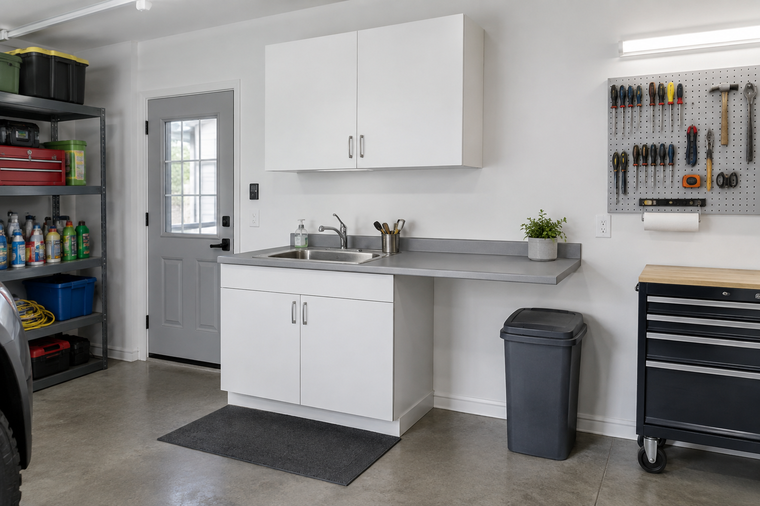 White melamine cabinet base with stainless drop-in sink and gray laminate countertop in a modern garage
