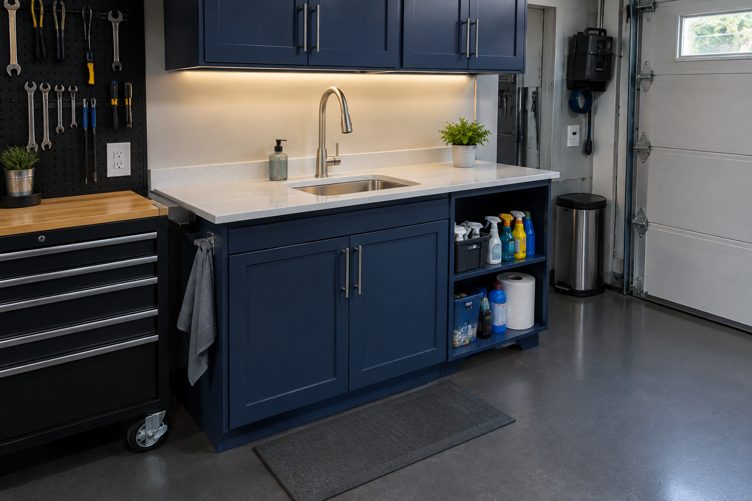 Navy blue garage cabinet sink station with white quartz counter undermount stainless sink and open shelving