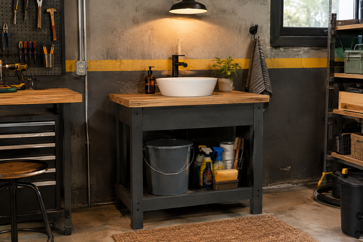 DIY charcoal plywood garage sink cabinet with wood countertop round utility sink and matte black faucet