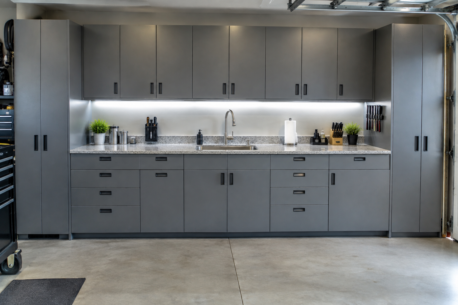 Full wall floor-to-ceiling gray garage cabinet system with center utility sink and granite-look laminate counter