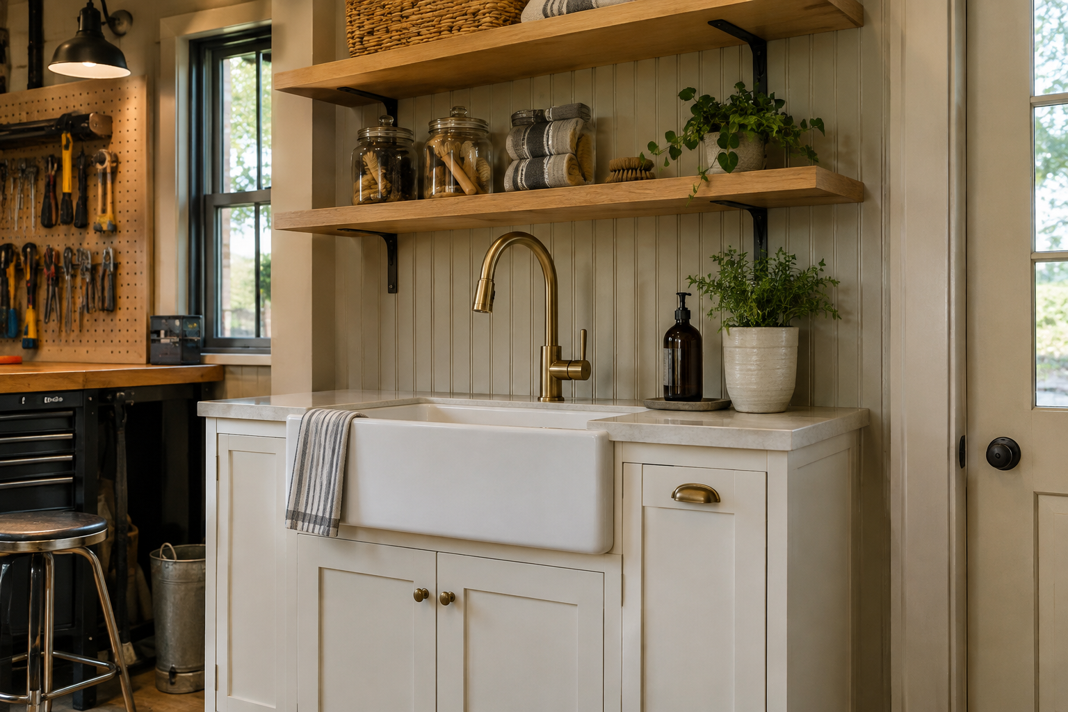 White shaker cabinet garage sink with farmhouse apron front fireclay sink brass faucet and open wood shelves