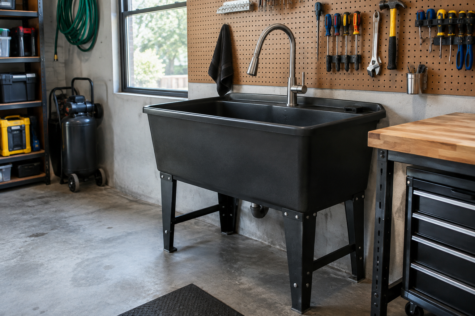 Large matte black deep basin polyethylene utility sink on steel legs in a garage workshop