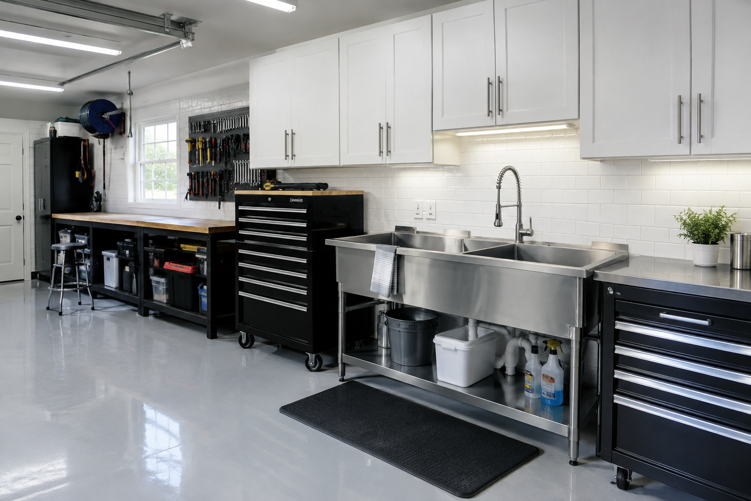 Stainless steel double basin utility sink with white cabinets and subway tile backsplash in a bright garage