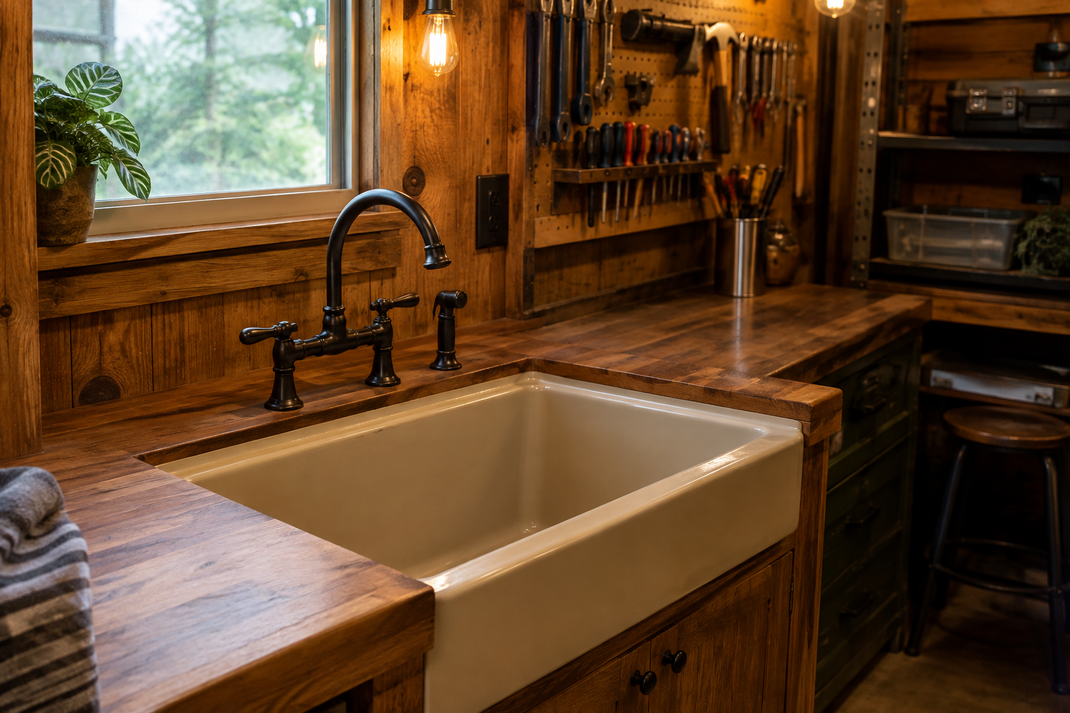 Beige cast acrylic deep utility sink set into butcher block counter with oil-rubbed bronze bridge faucet in garage