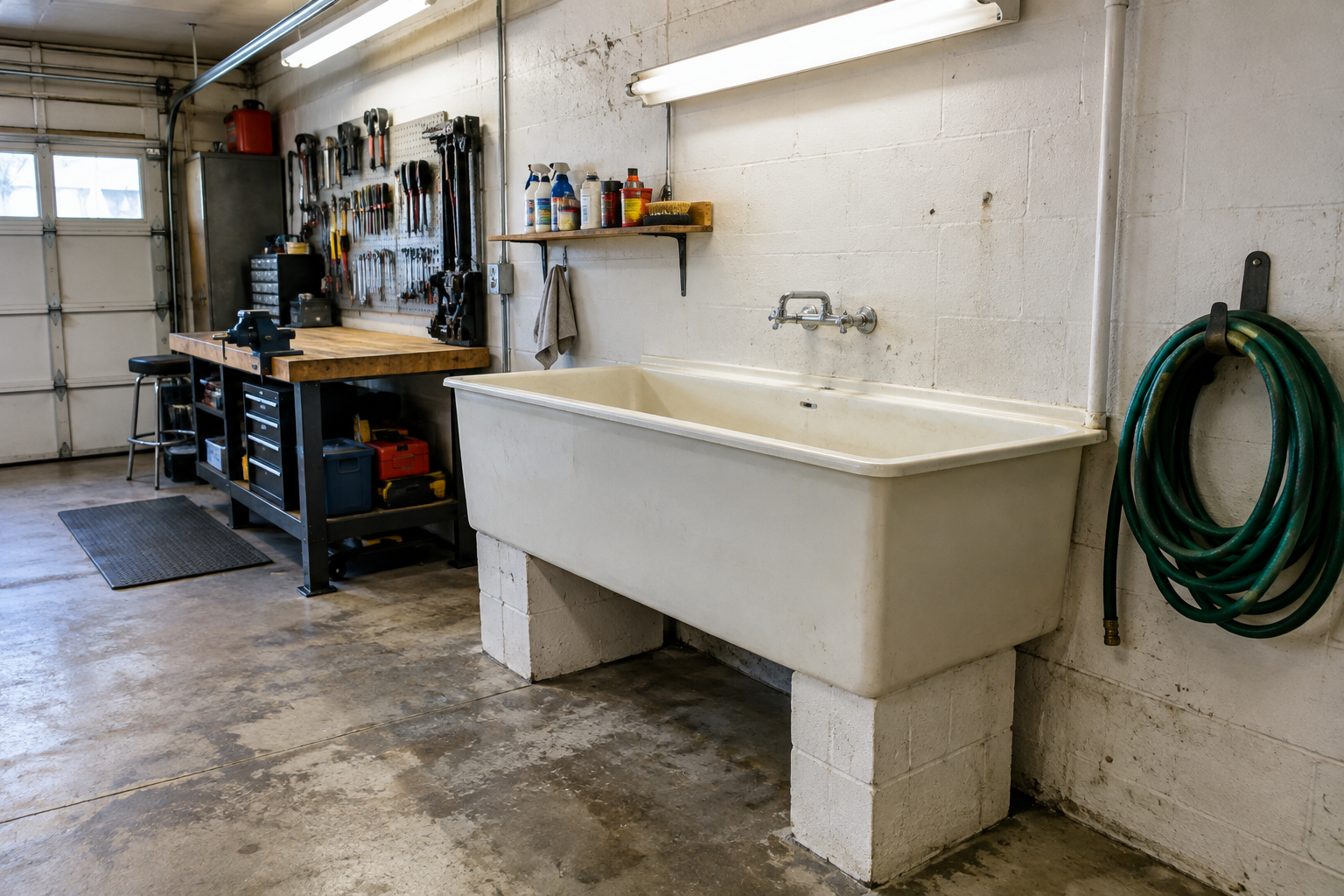 Large freestanding fiberglass deep utility sink built into painted concrete block wall with chrome wall-mount faucet