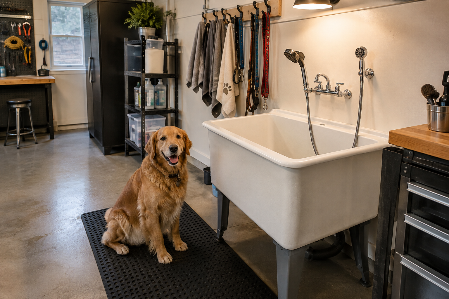 White porcelain deep utility sink set up as a garage dog wash station with handheld sprayer and towel hooks