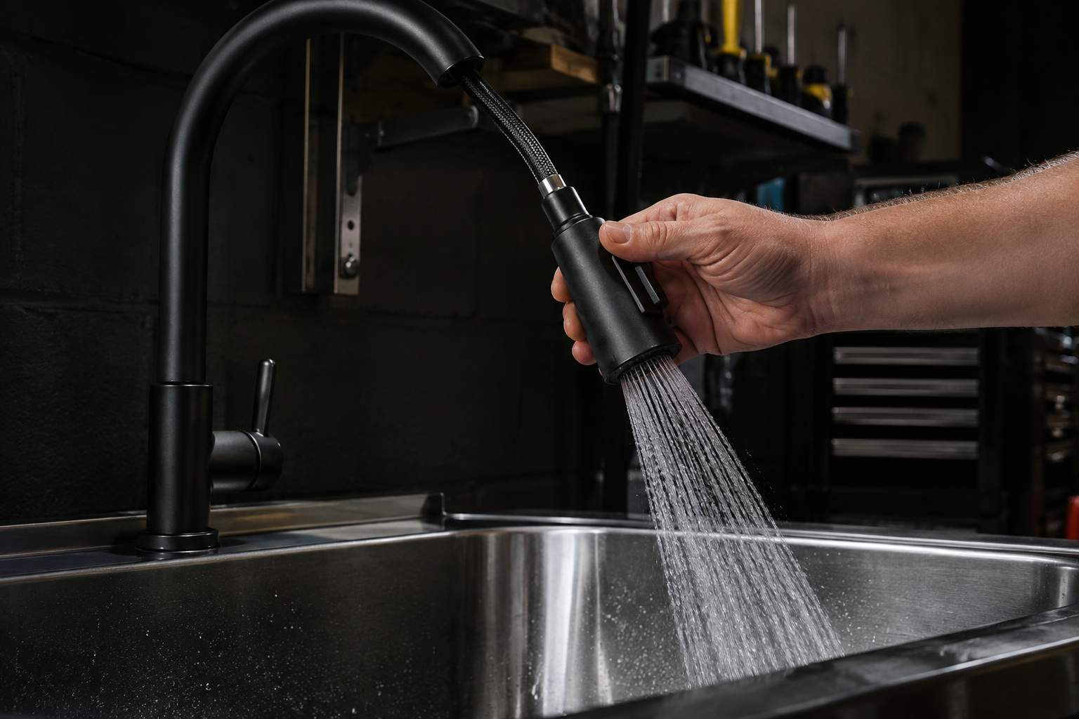 Matte black pull-down spray faucet on garage utility sink with water flowing in wide spray pattern