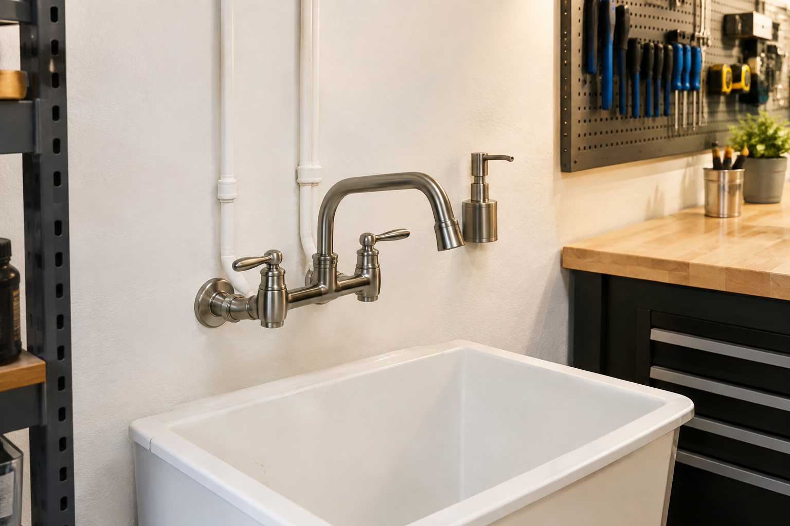 Brushed nickel wall-mounted bridge faucet with exposed supply lines and matching soap dispenser on garage sink
