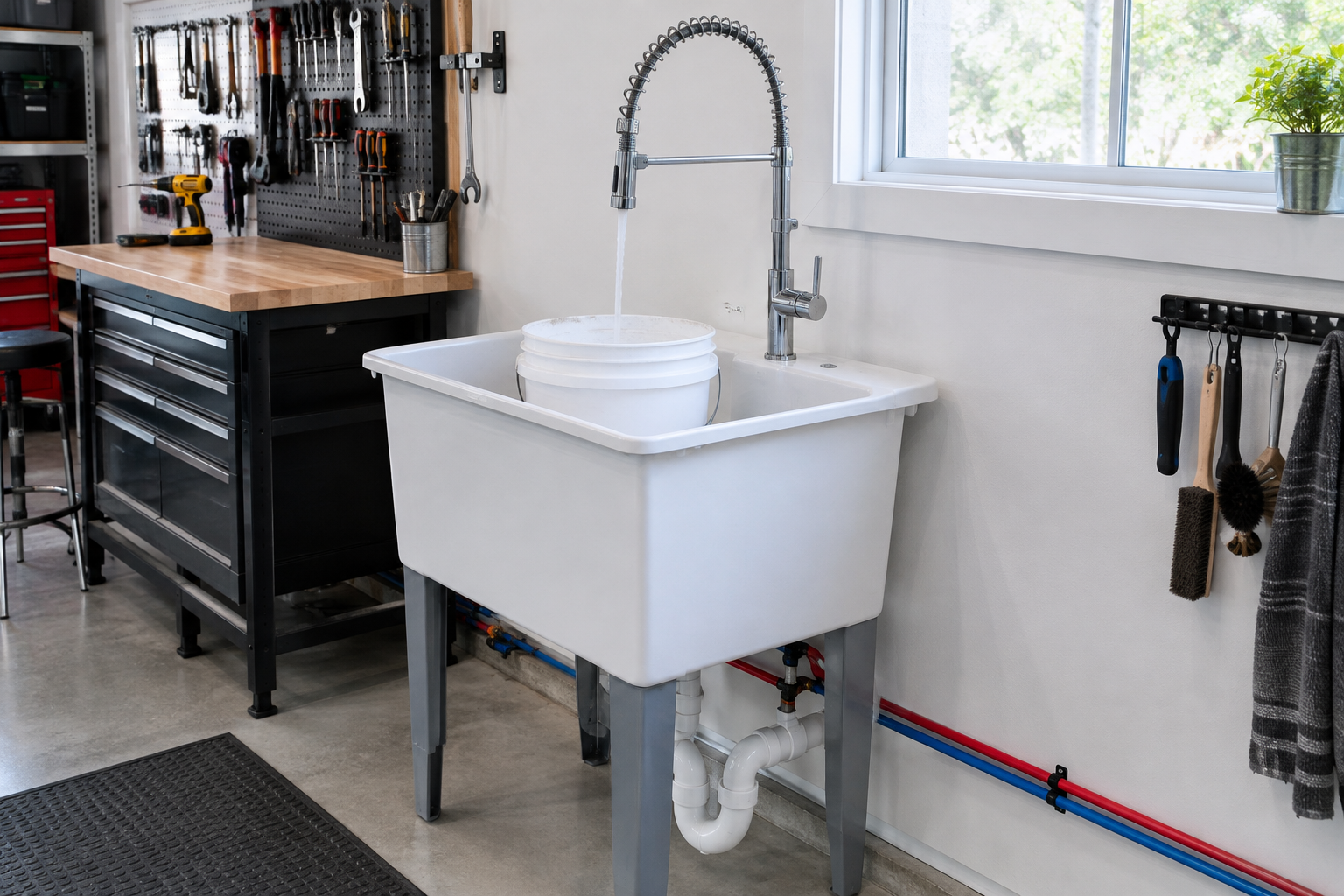 High-arc commercial chrome faucet on white garage utility sink filling a large bucket with PEX supply lines visible