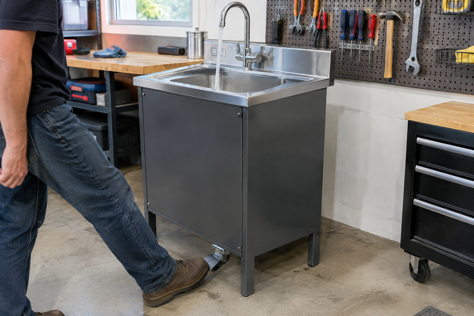 Foot-pedal operated hands-free utility sink faucet mounted to garage sink cabinet base in workshop setting