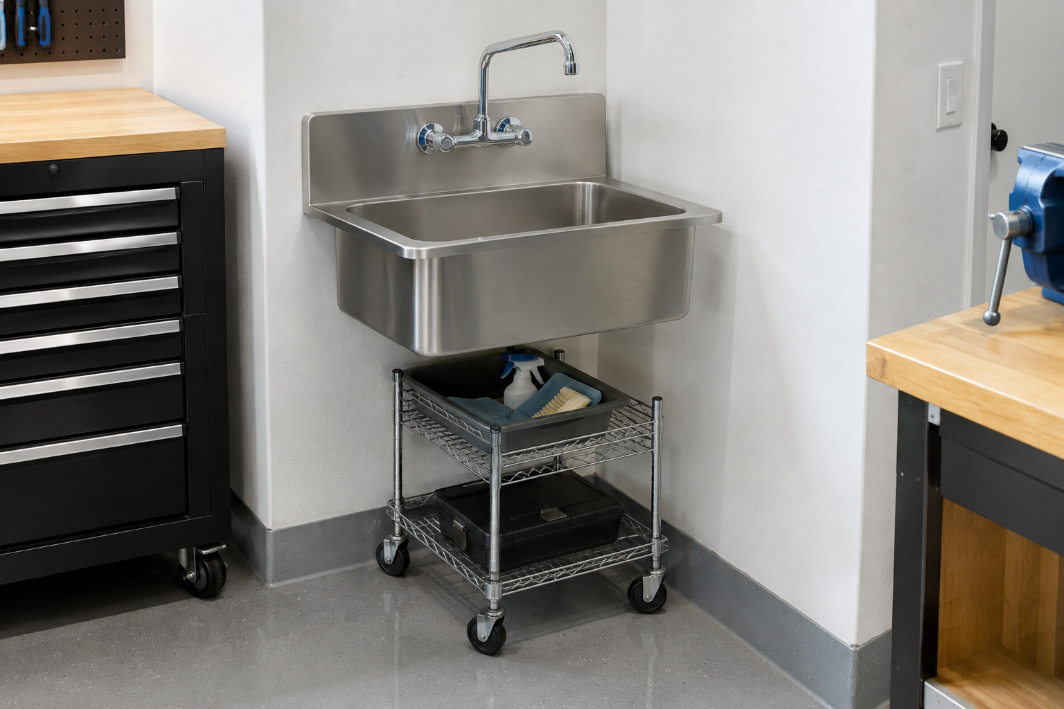 Small wall-mounted stainless steel utility sink in garage corner with rolling cart stored below