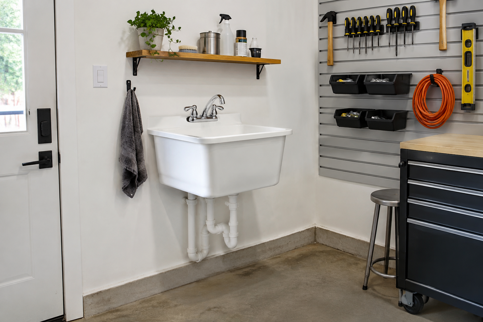 White wall-hung utility sink with exposed pipes painted white and floating shelf above in organized garage