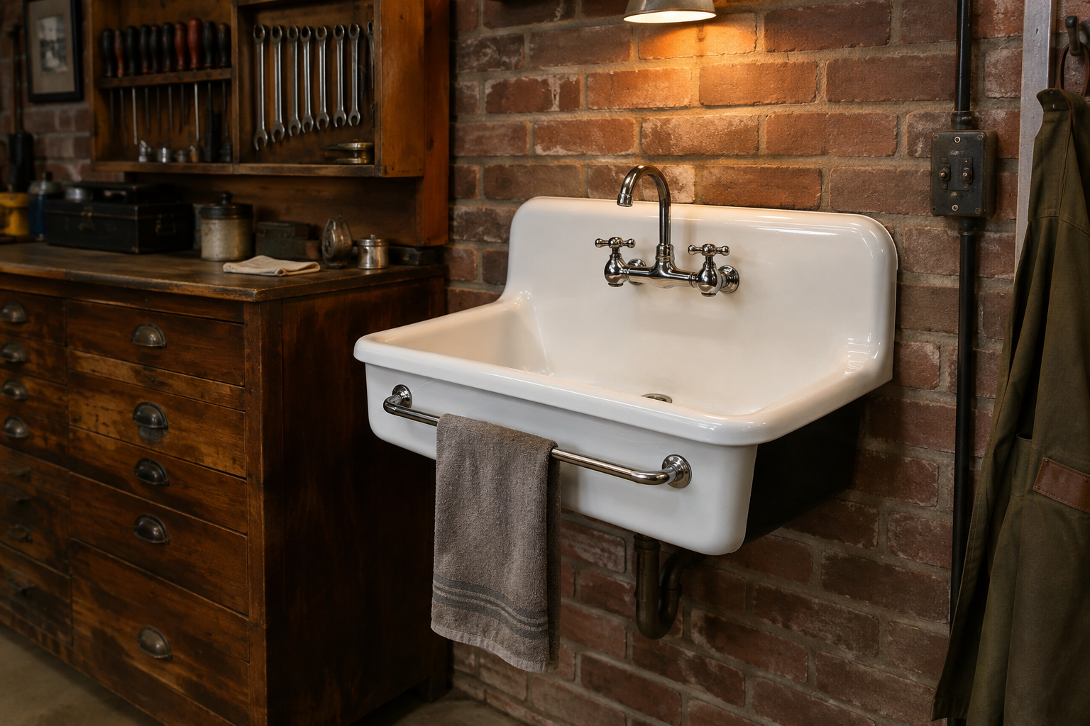 Vintage white cast iron wall-mounted utility sink with chrome cross-handle faucet on brick garage wall