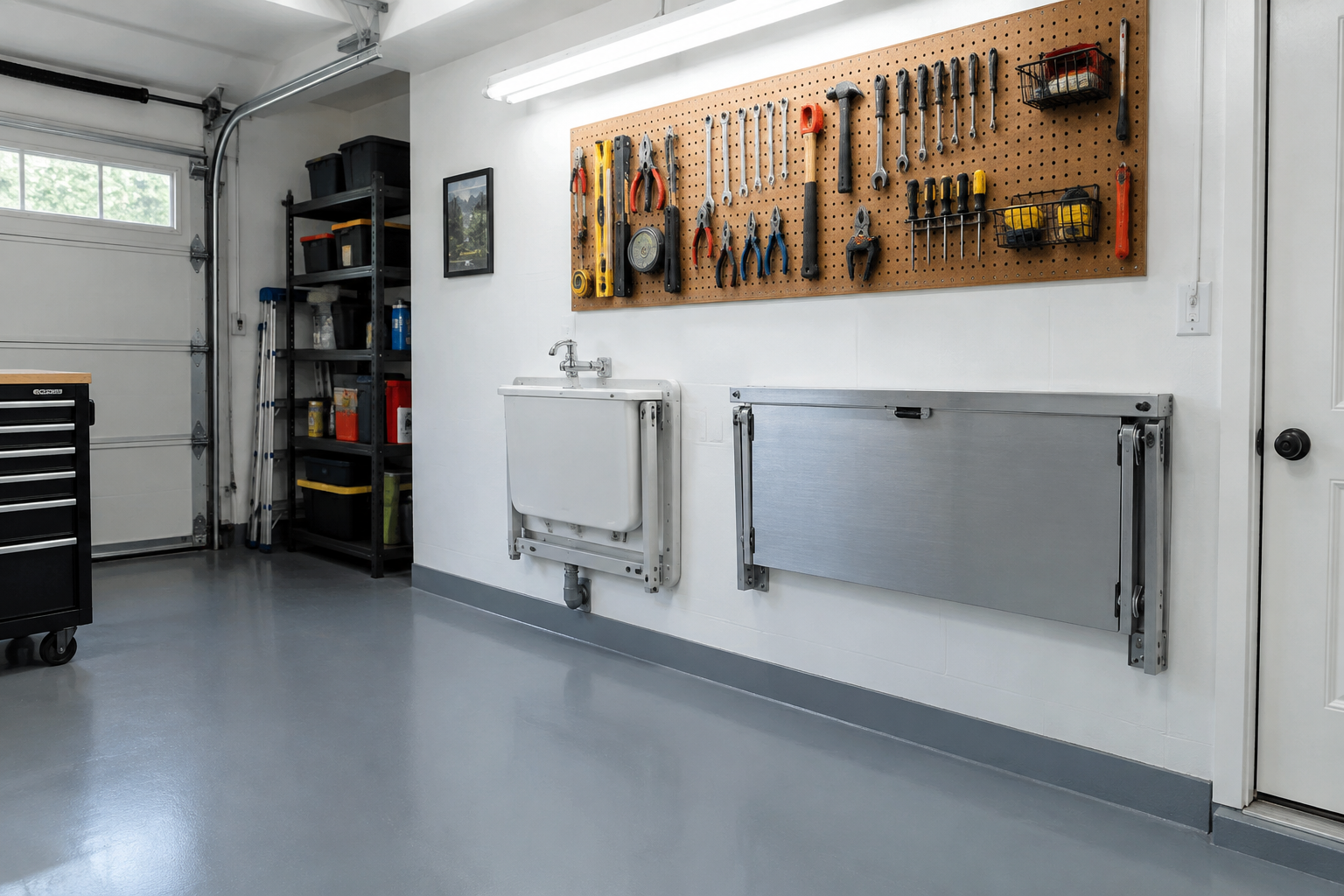Folding wall-mounted utility sink shown folded up flat against garage wall next to fold-down workbench