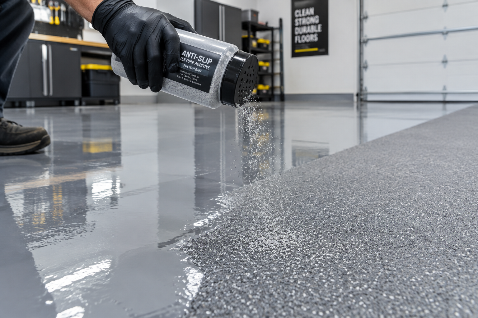 Applying anti-slip texture additive onto wet epoxy garage floor coating
