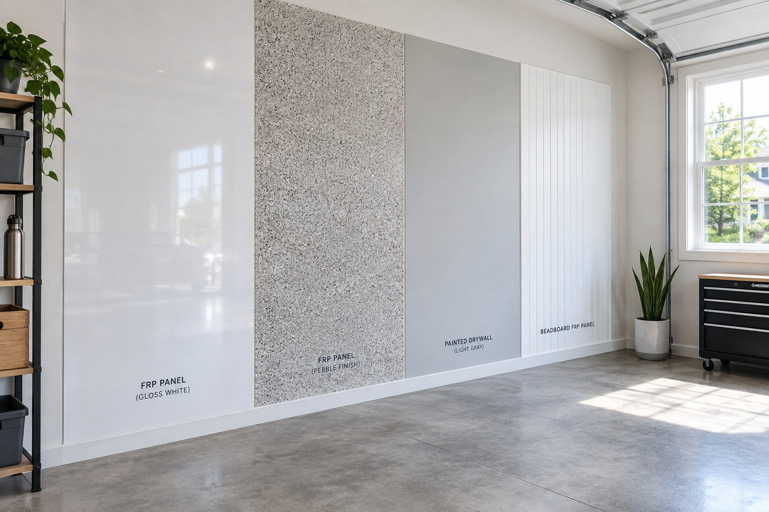 Variety of FRP and drywall finish styles displayed on garage walls