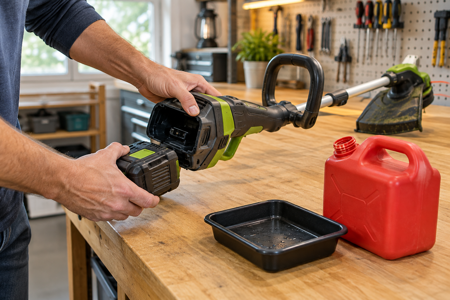 Removing battery from a string trimmer before storing it in the garage