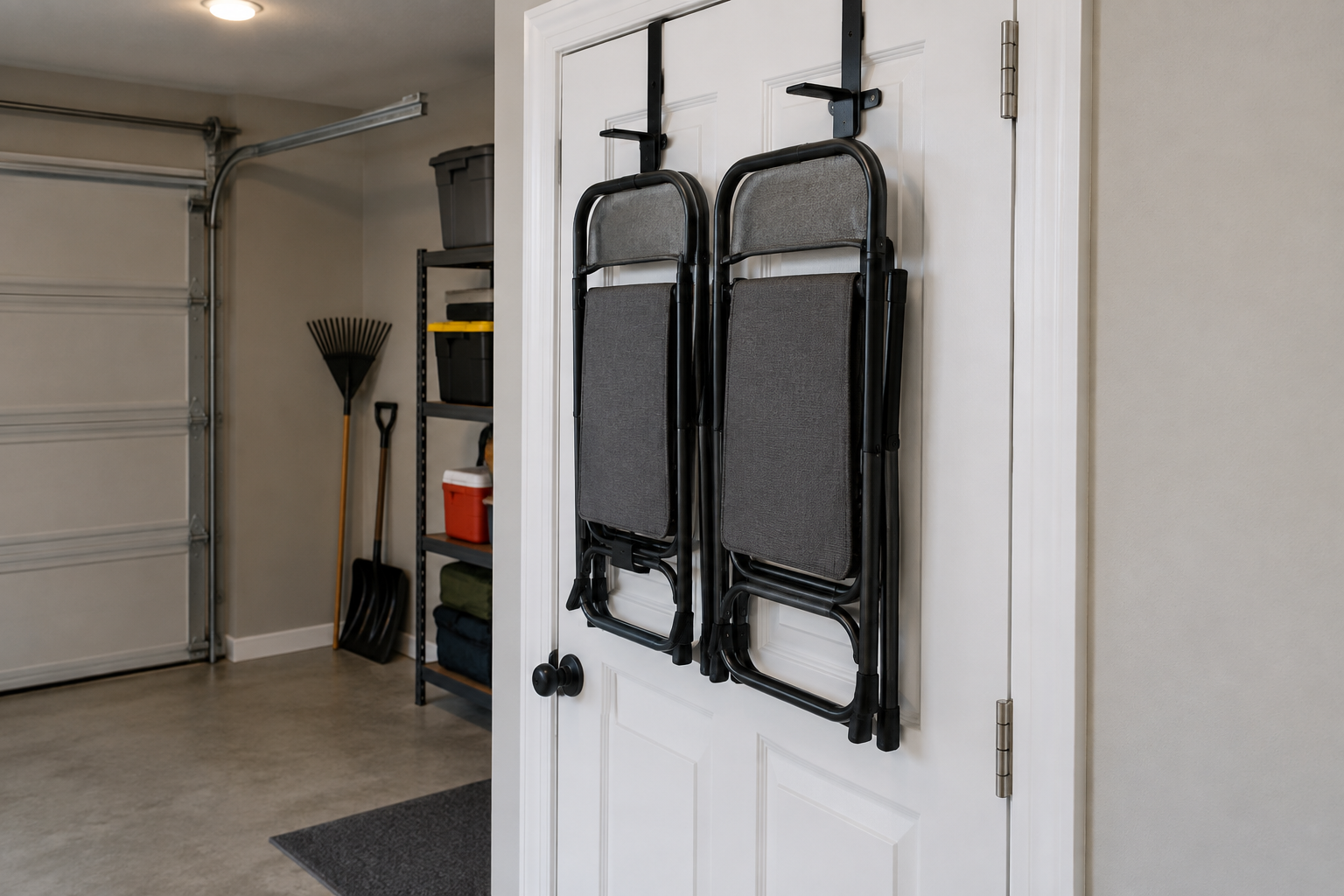 Folding chairs stored on a rack mounted behind a garage door