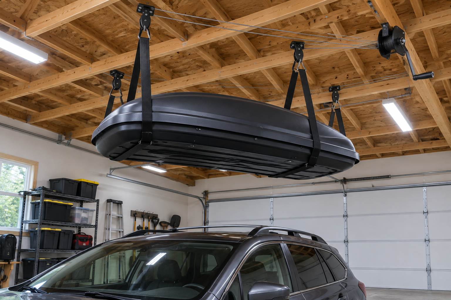Roof cargo box raised to the ceiling using a hoist system in a garage