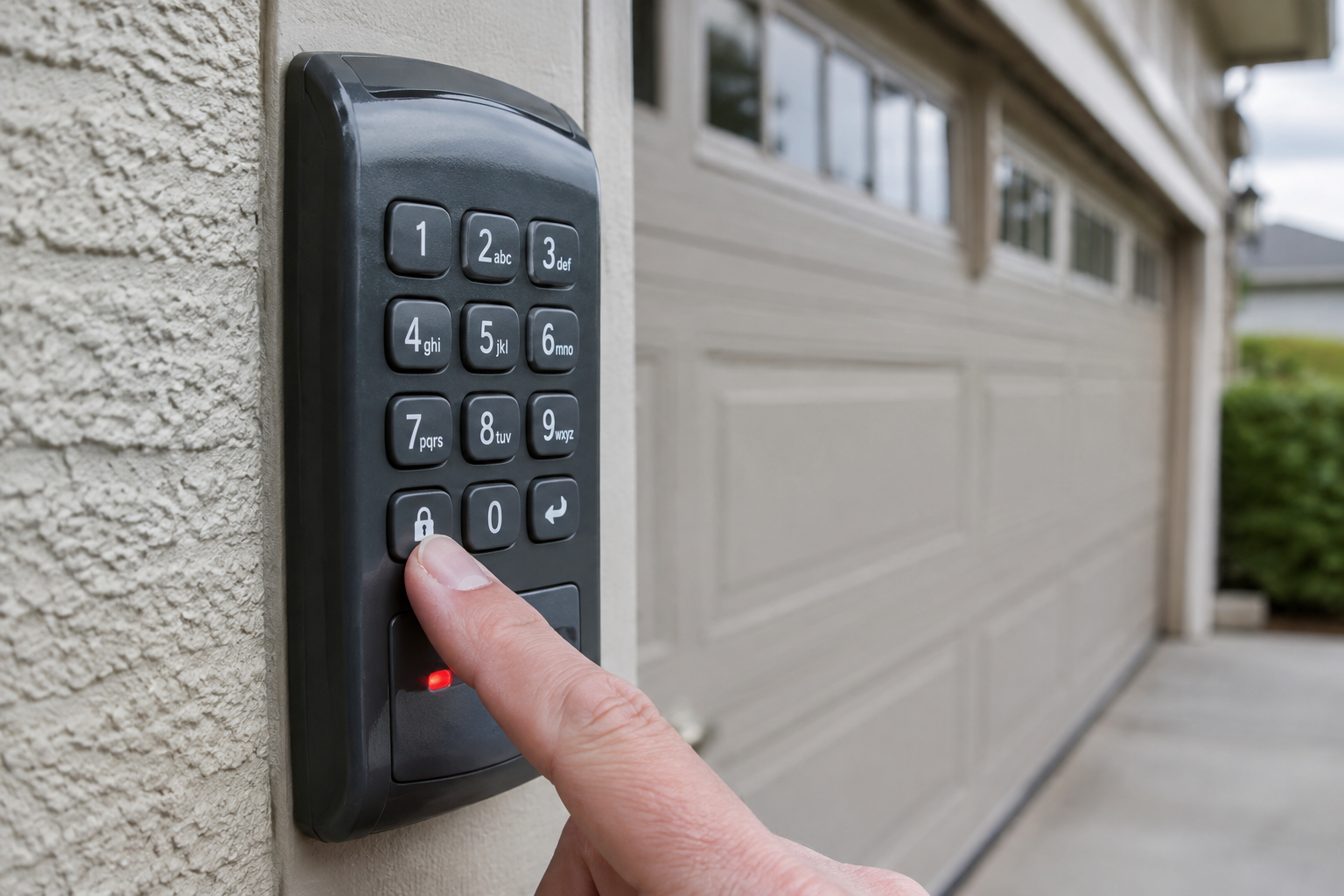 Finger pressing lock button on garage door keypad with indicator light on