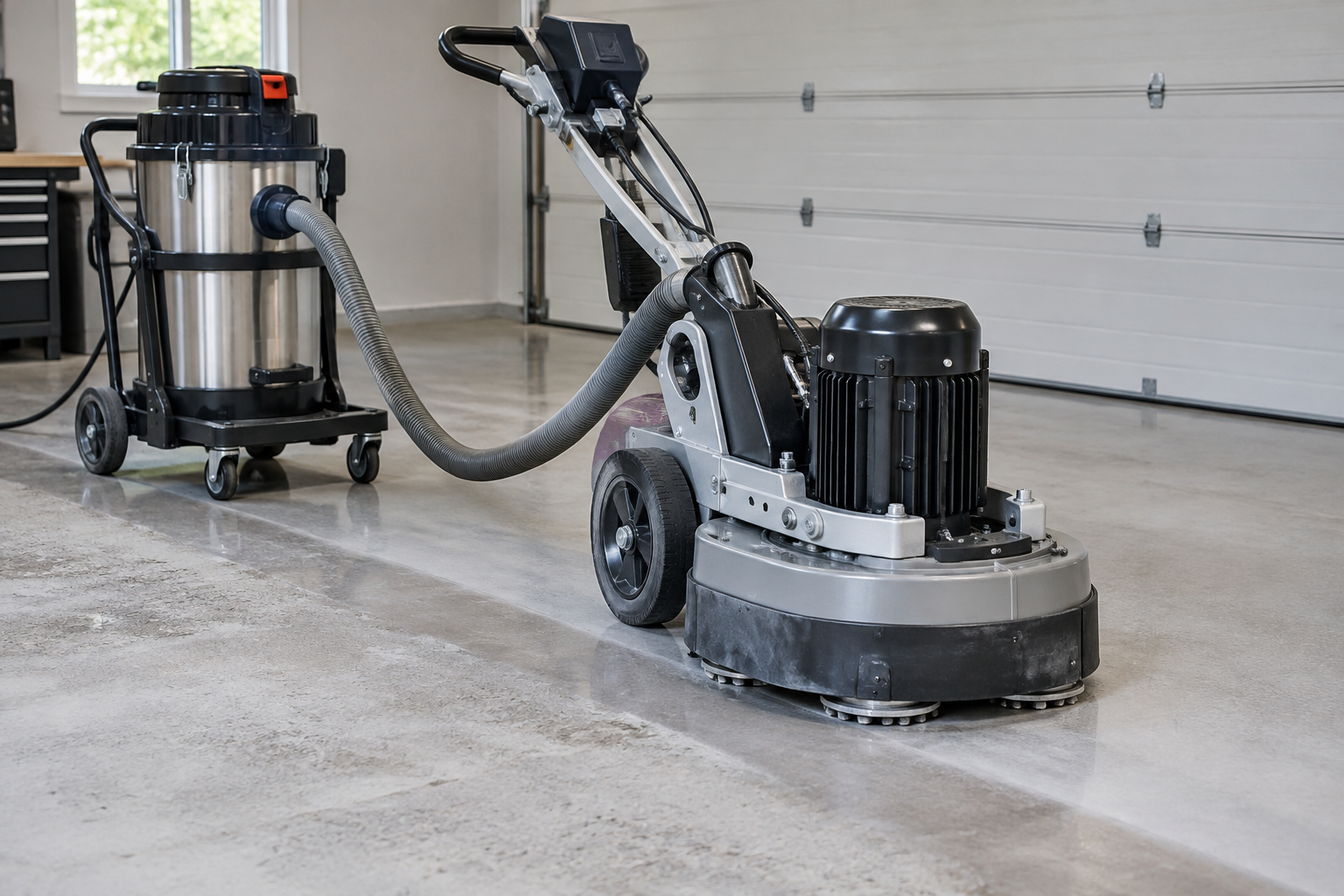 Concrete grinder with dust extraction system working on a garage floor