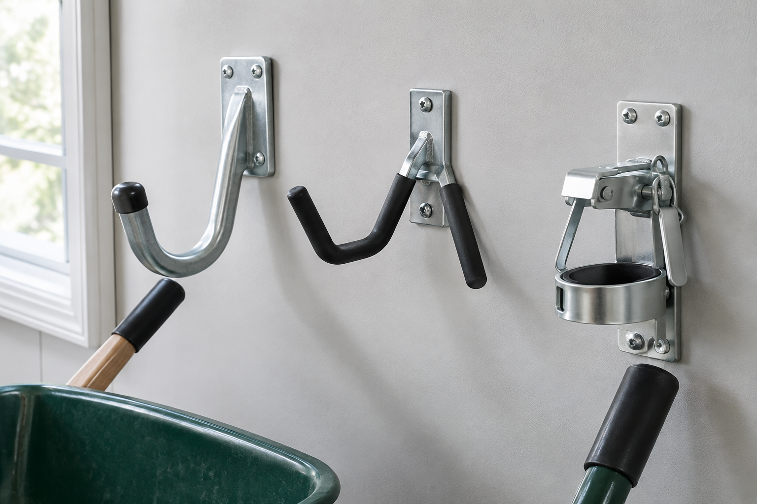 Comparison of different wheelbarrow wall bracket and hook systems mounted on a garage wall
