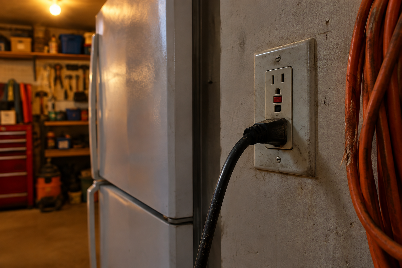 Garage outlet and refrigerator cord showing possible causes of GFCI nuisance tripping