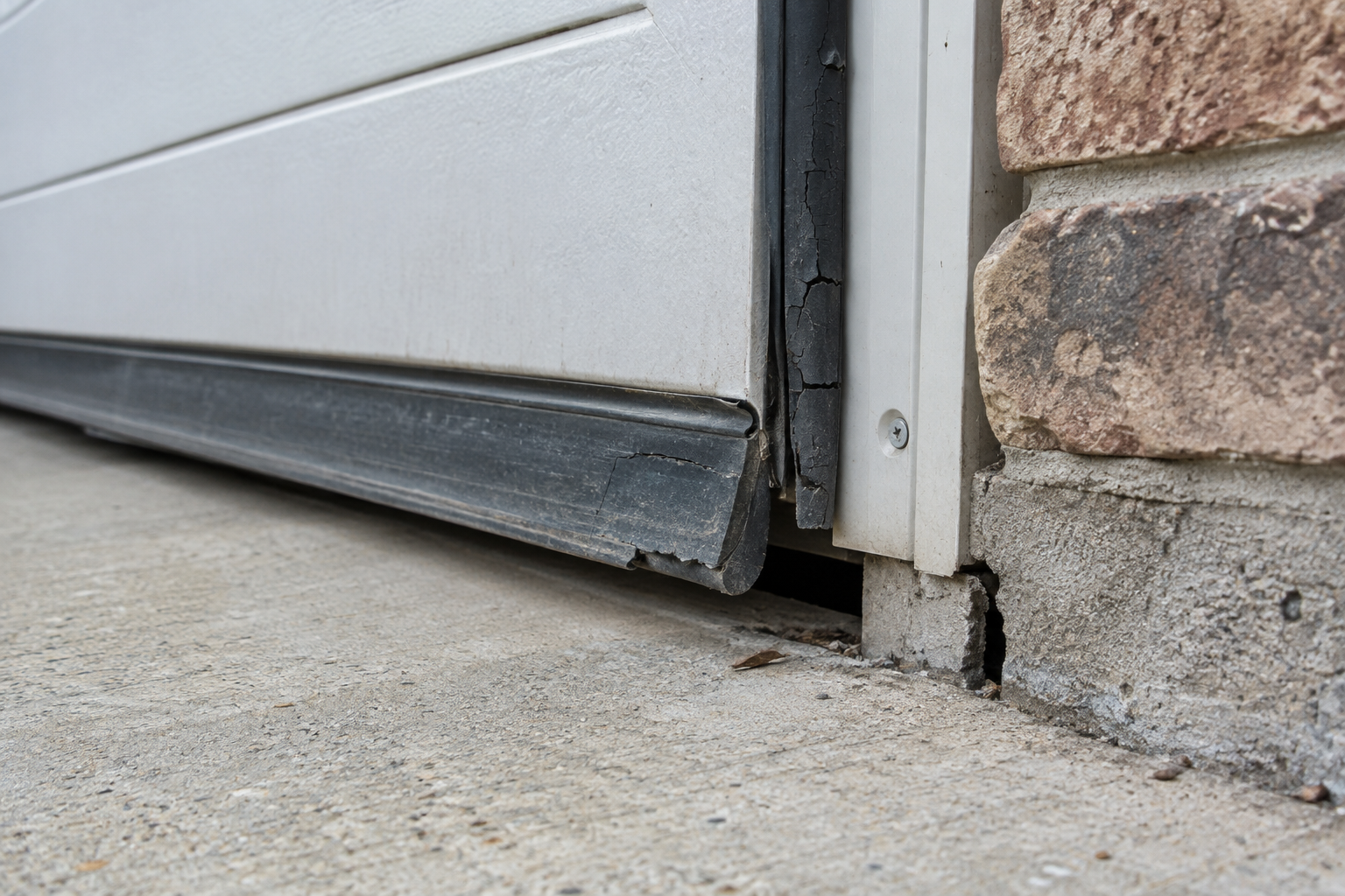 Worn garage door seal showing a gap that allows pest entry