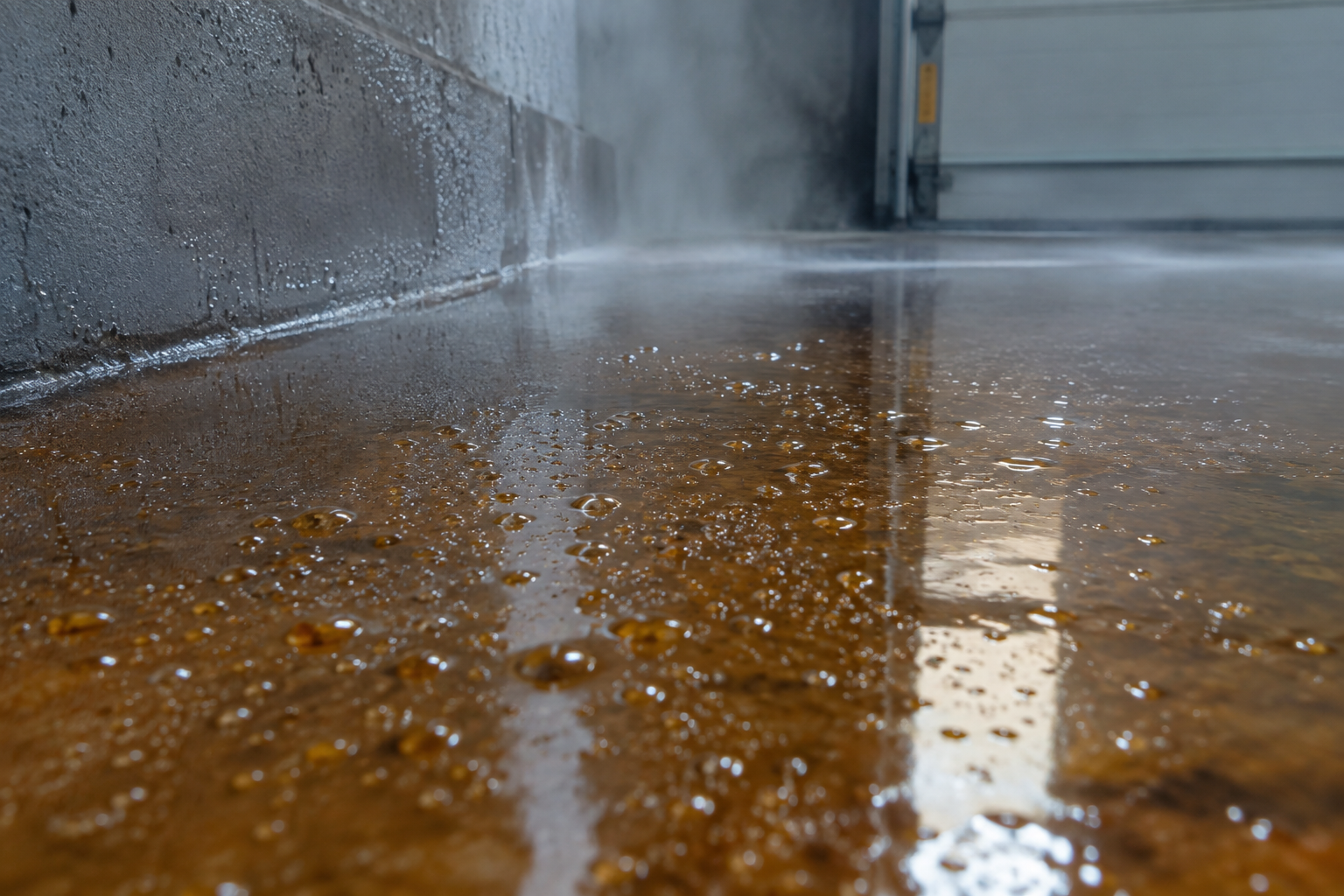 Condensation droplets forming on a curing epoxy garage floor in cold weather