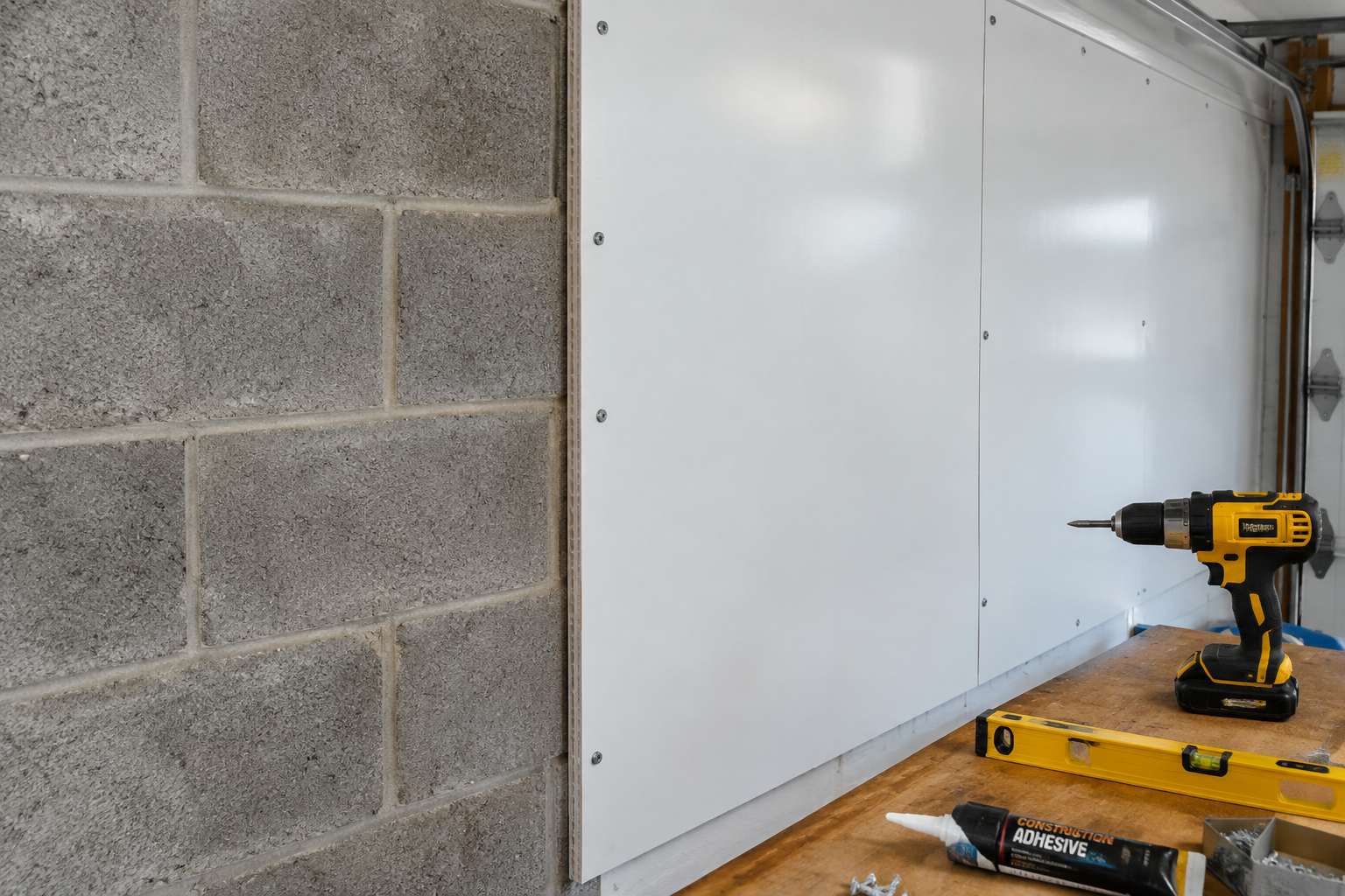 Direct-mounted wall panels installed on concrete block garage wall without framing
