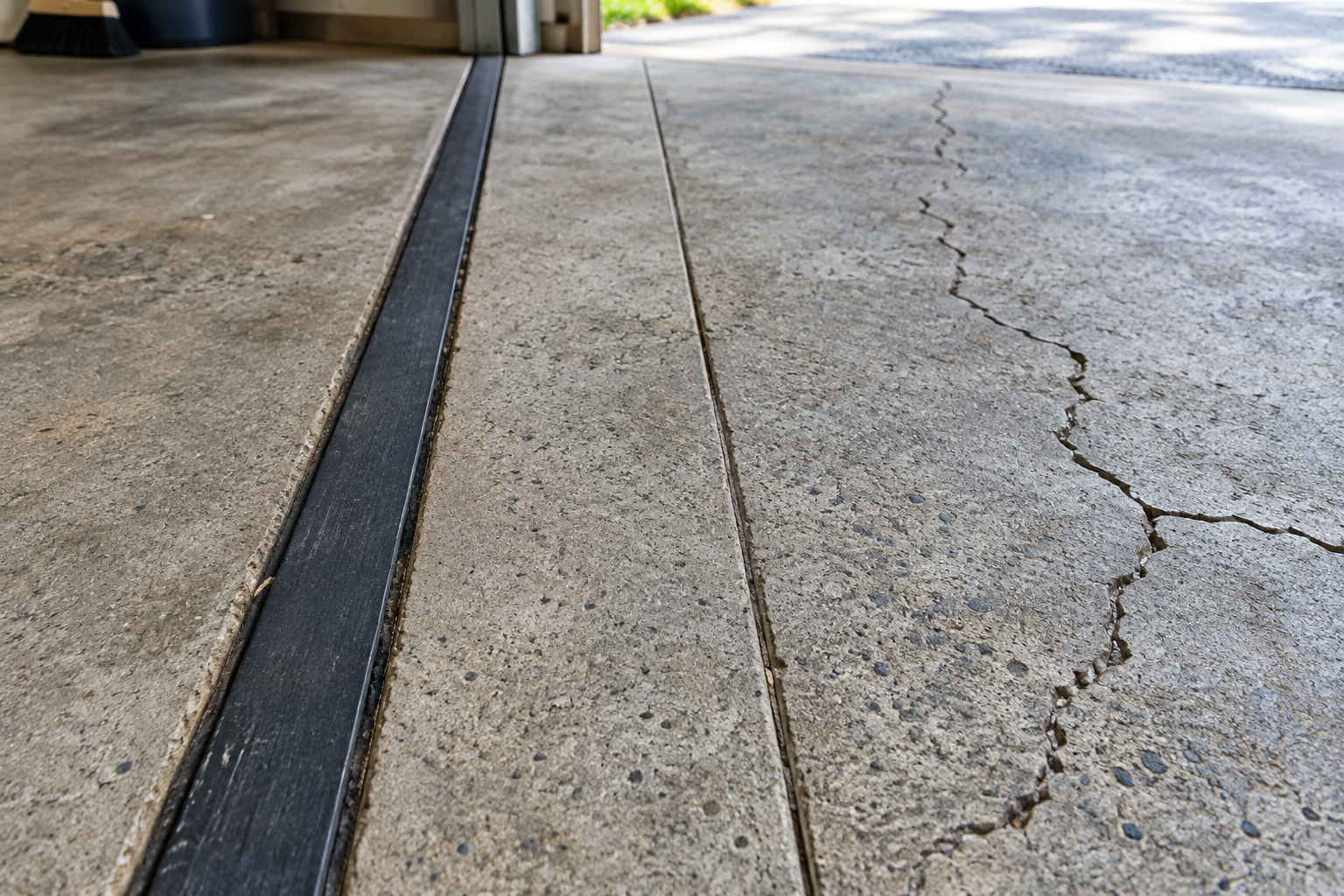 Comparison of expansion joint, control joint, and crack on a garage floor