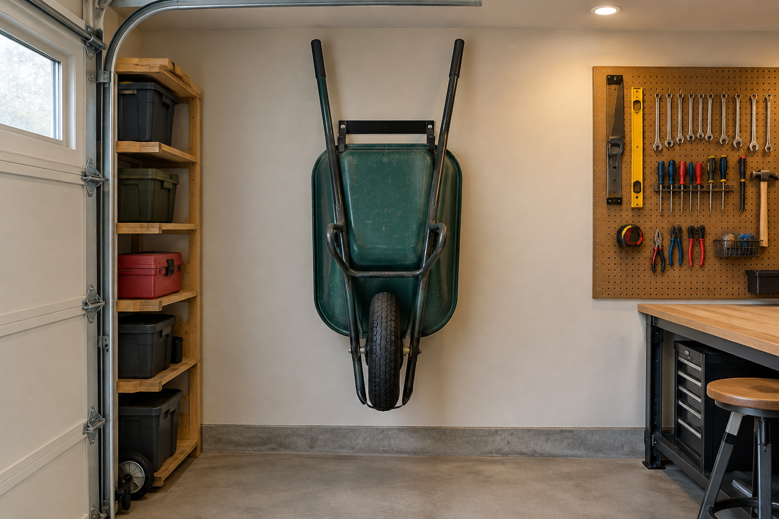 Wheelbarrow hung vertically on a garage wall bracket showing proper handle clearance