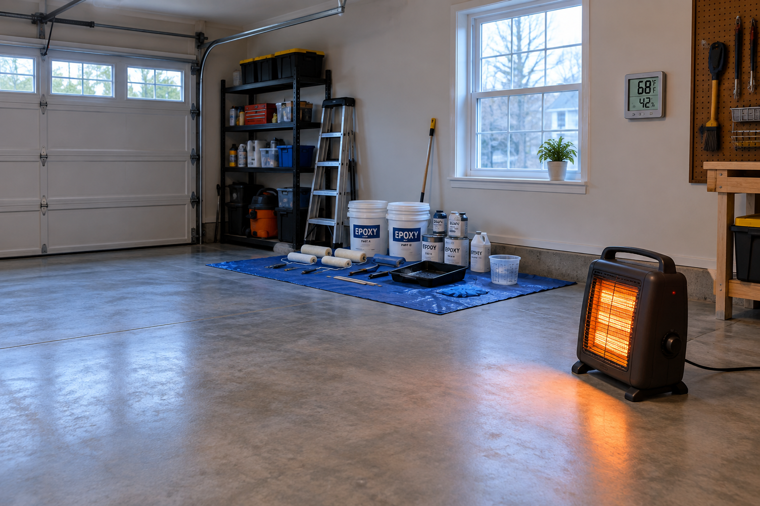 Portable space heater safely warming a garage before epoxy floor application