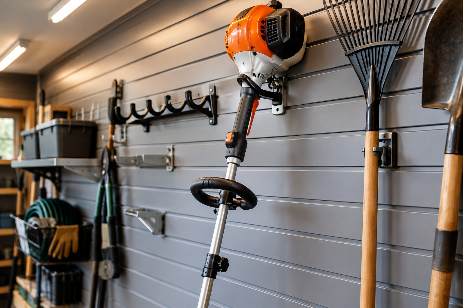 Slatwall panel with hooks and racks holding a string trimmer and garden tools