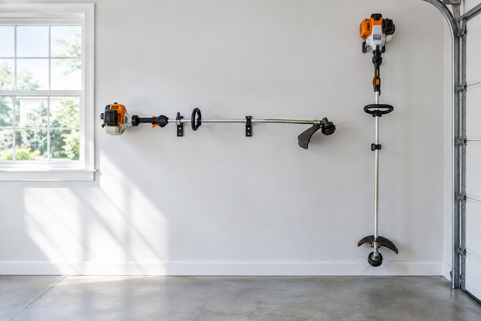 Comparison of horizontal and vertical string trimmer wall mounting in a garage