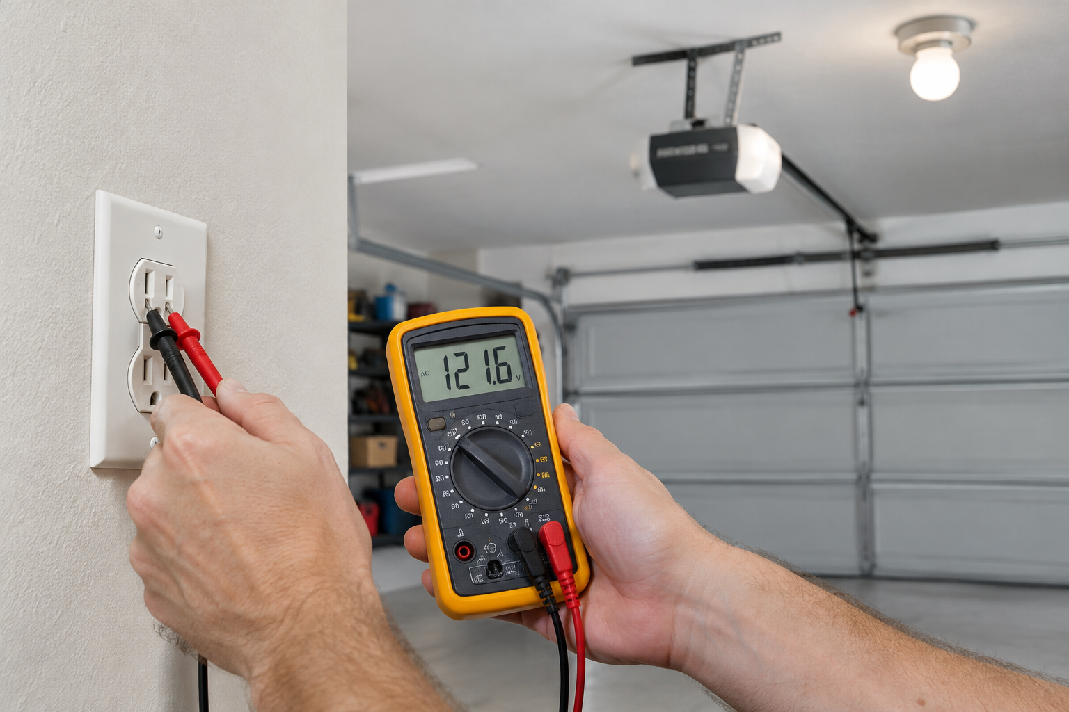 Hands testing garage electrical outlet with a multimeter for troubleshooting