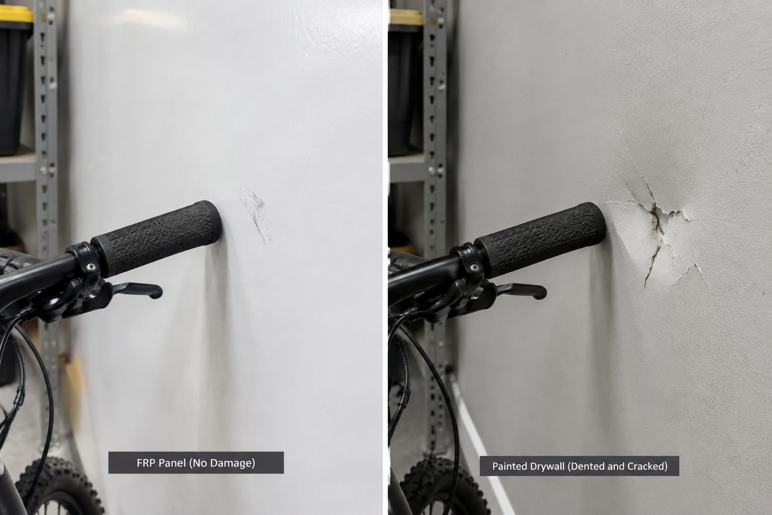 Damage comparison showing dented drywall versus scuffed but intact FRP panel in a garage