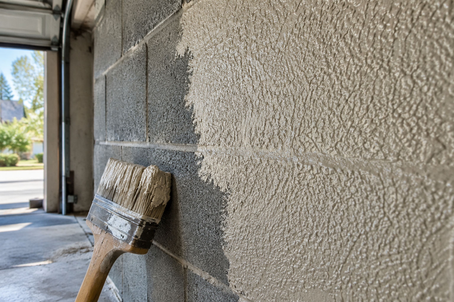 Close-up of textured masonry coating applied to a concrete block garage wall