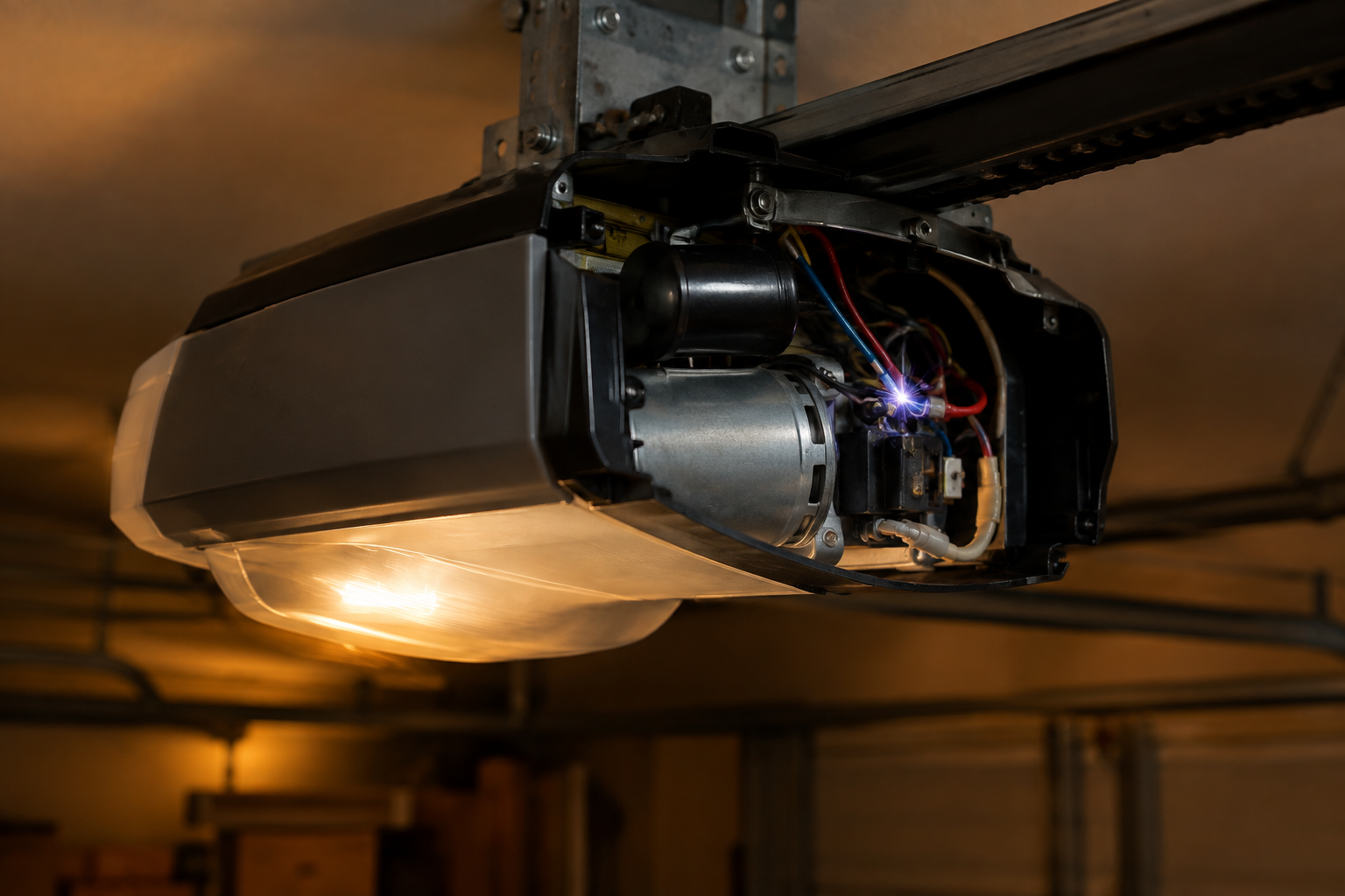 Close-up of a garage door opener motor with wiring visible, illustrating motor inrush current