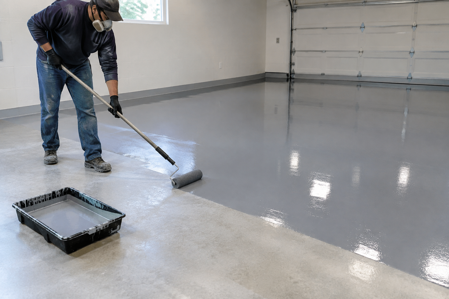 Worker applying a second coat of epoxy to a garage floor showing layered coverage