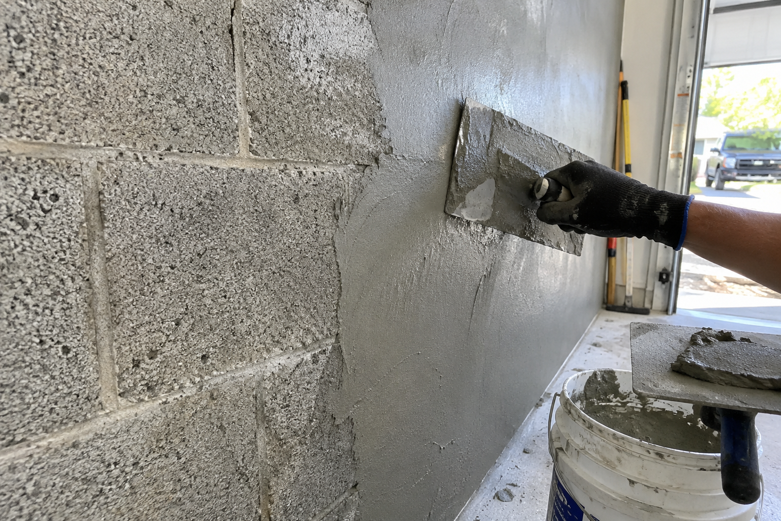 Applying smooth parging compound to concrete block garage wall for a stucco finish