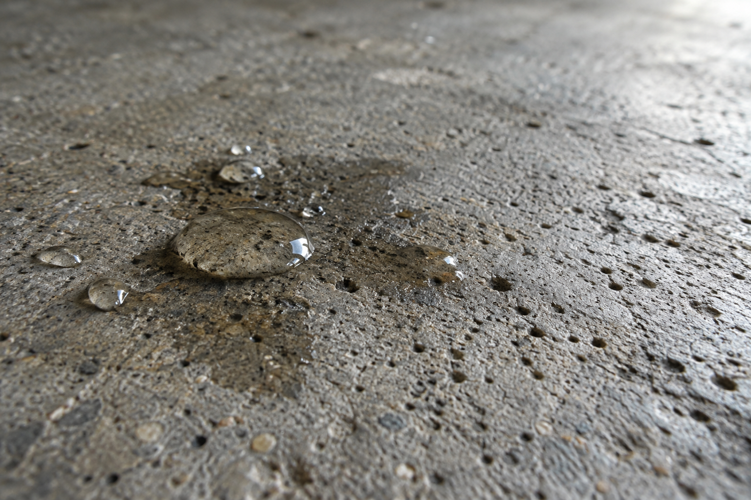 Close-up of porous concrete garage floor surface absorbing water droplets